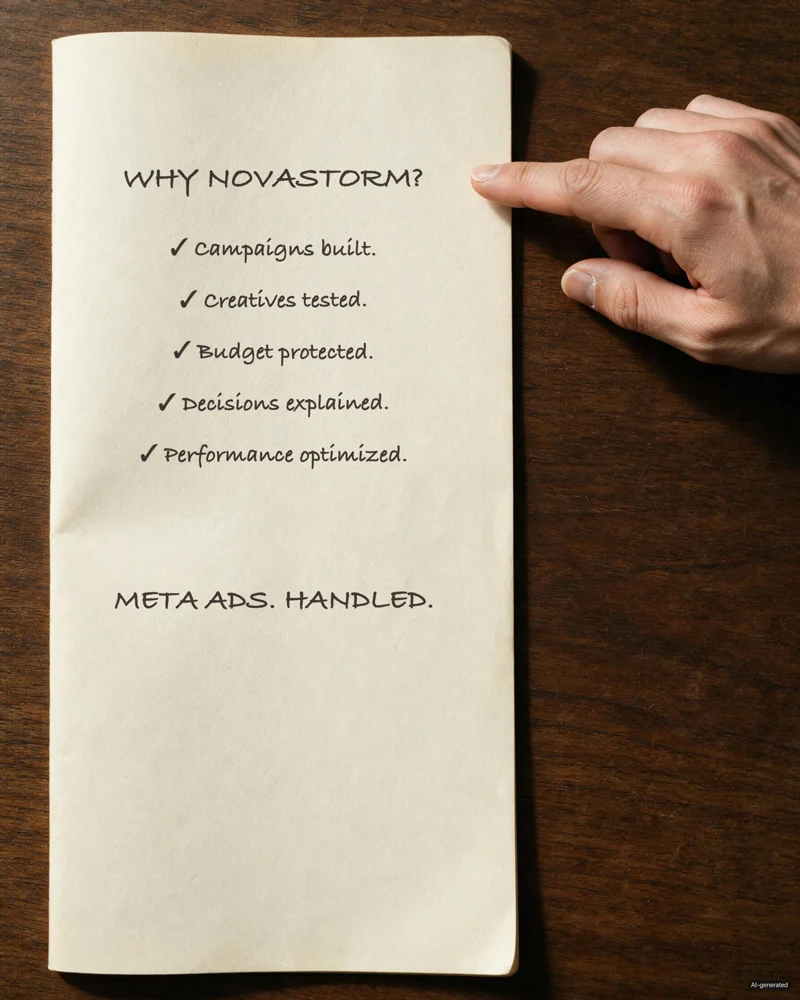 Feed ad: a hand points at a handwritten checklist, Why NovaStorm? Meta ads. Handled.