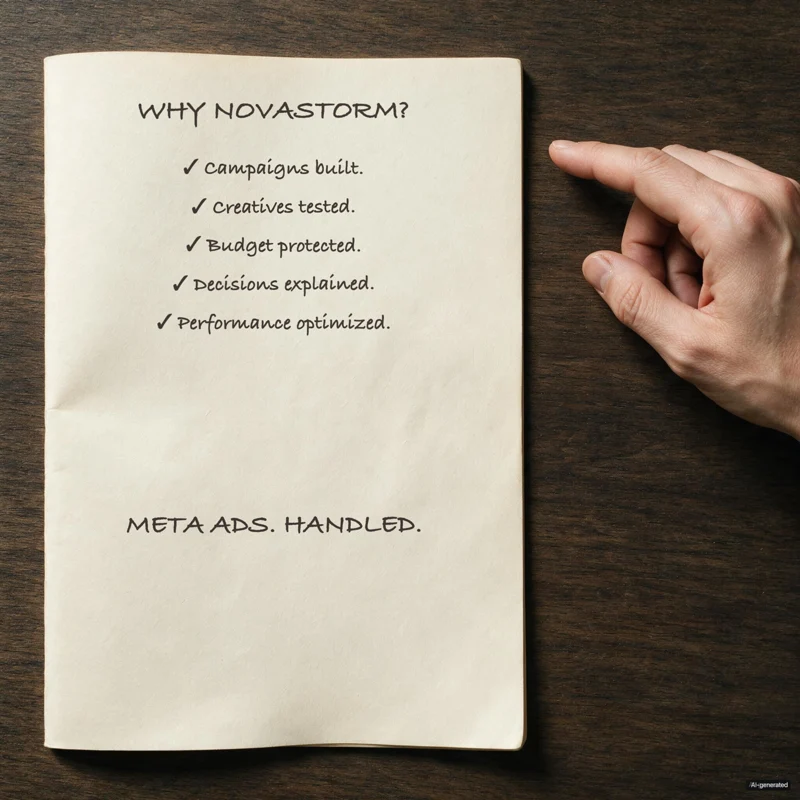Square ad: the handwritten Why NovaStorm? checklist on a desk