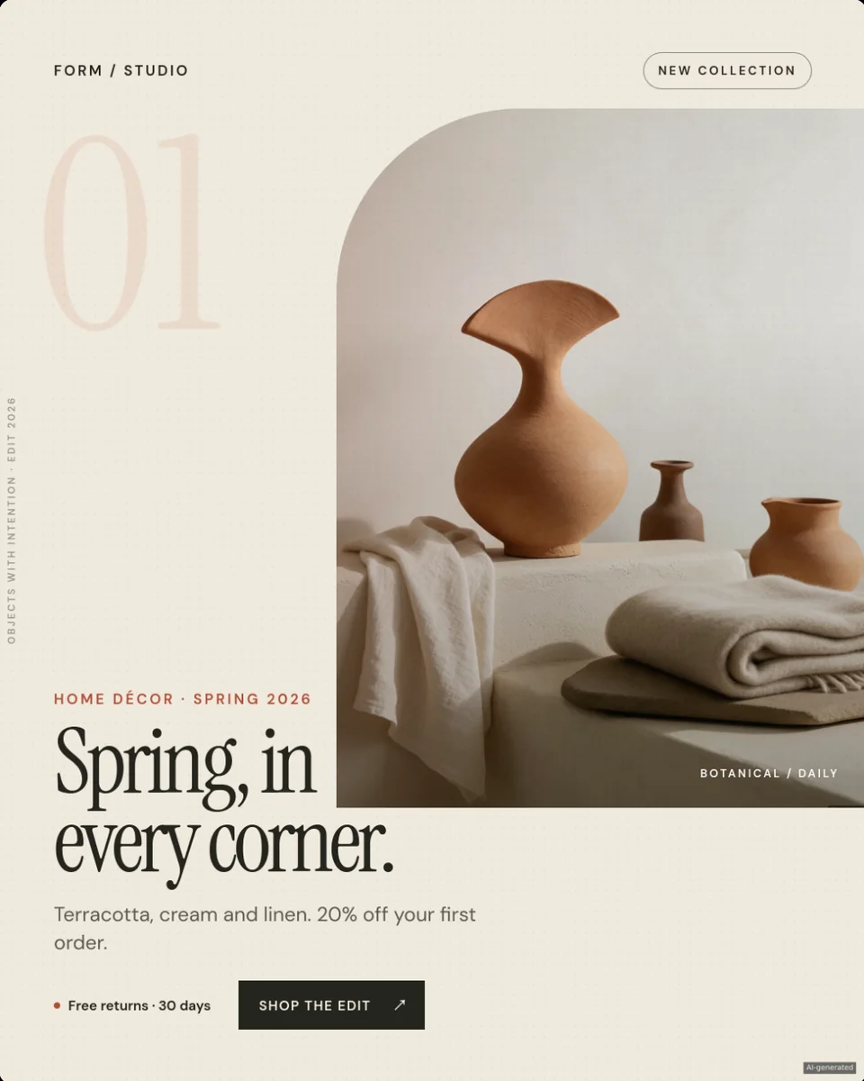 Feed ad: Spring, in every corner. Terracotta vase on linen, 20% off the first order