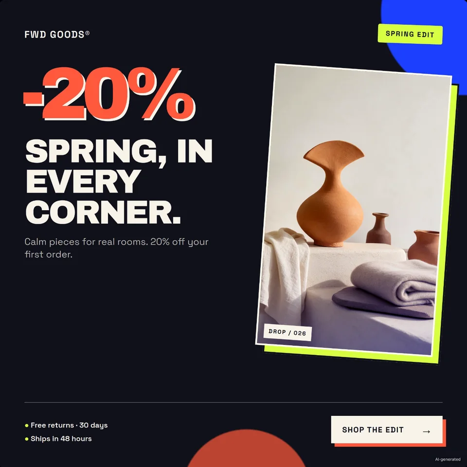 Square ad: -20%, Spring, in every corner, with a vase photo and a Shop the edit button