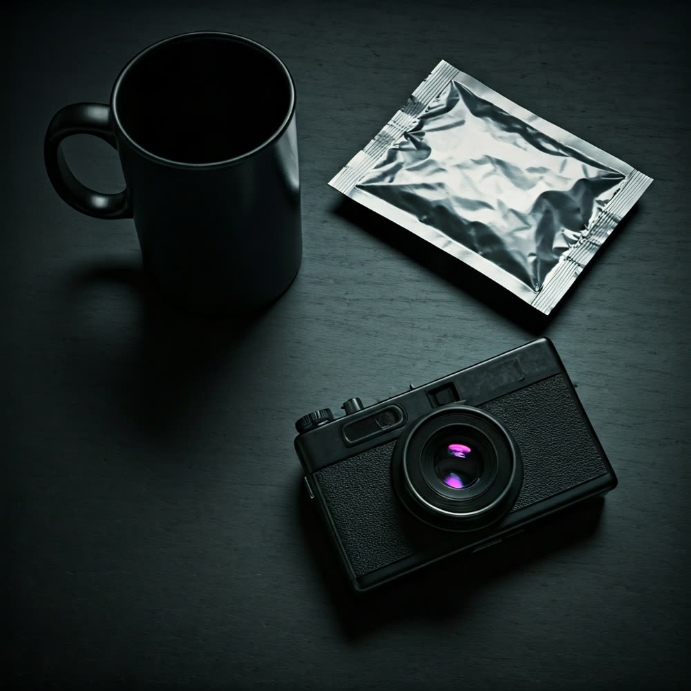 Camera and coffee arranged as a campaign still life