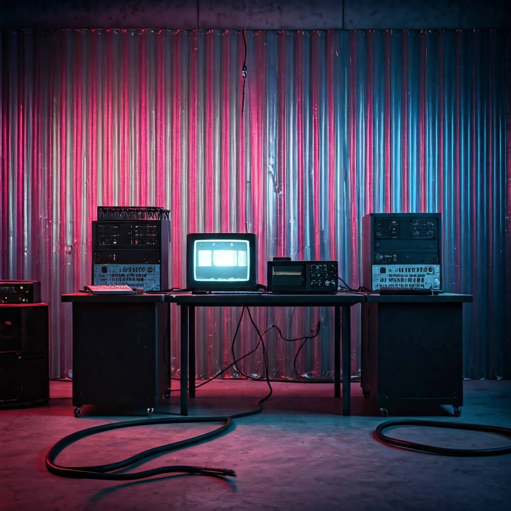 Retro-futuristic workstations in a colorful creative studio