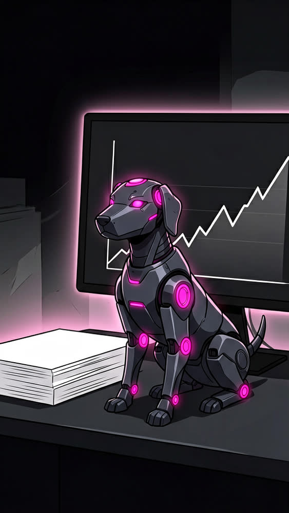 Illustrated robot dog with magenta accents