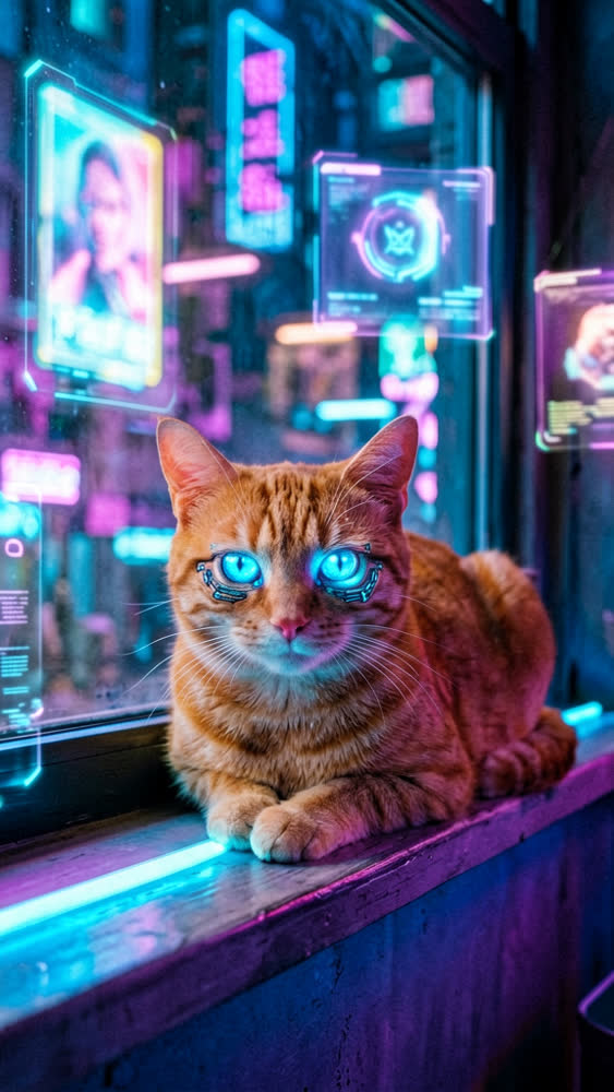 A neon-lit cat in a futuristic city