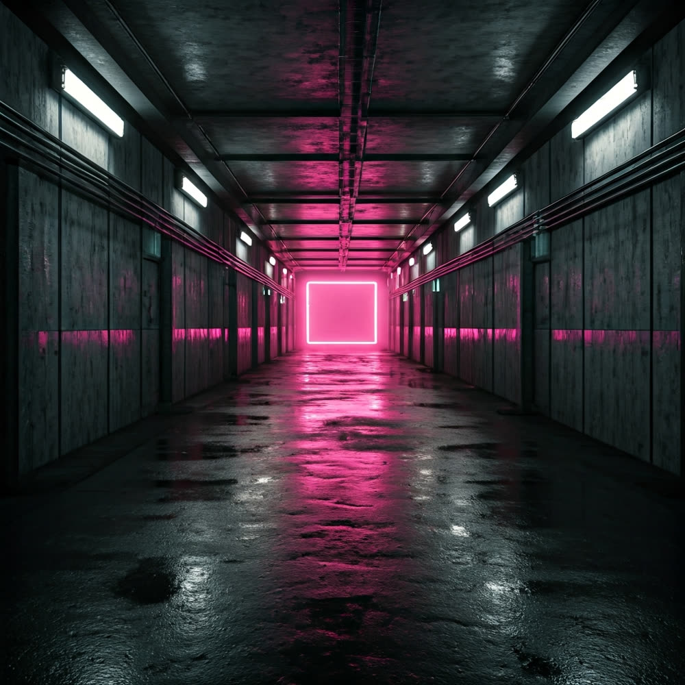 Architectural scene with a glowing pink portal