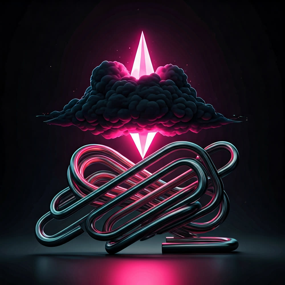 Sculptural chrome knot beneath a magenta prism