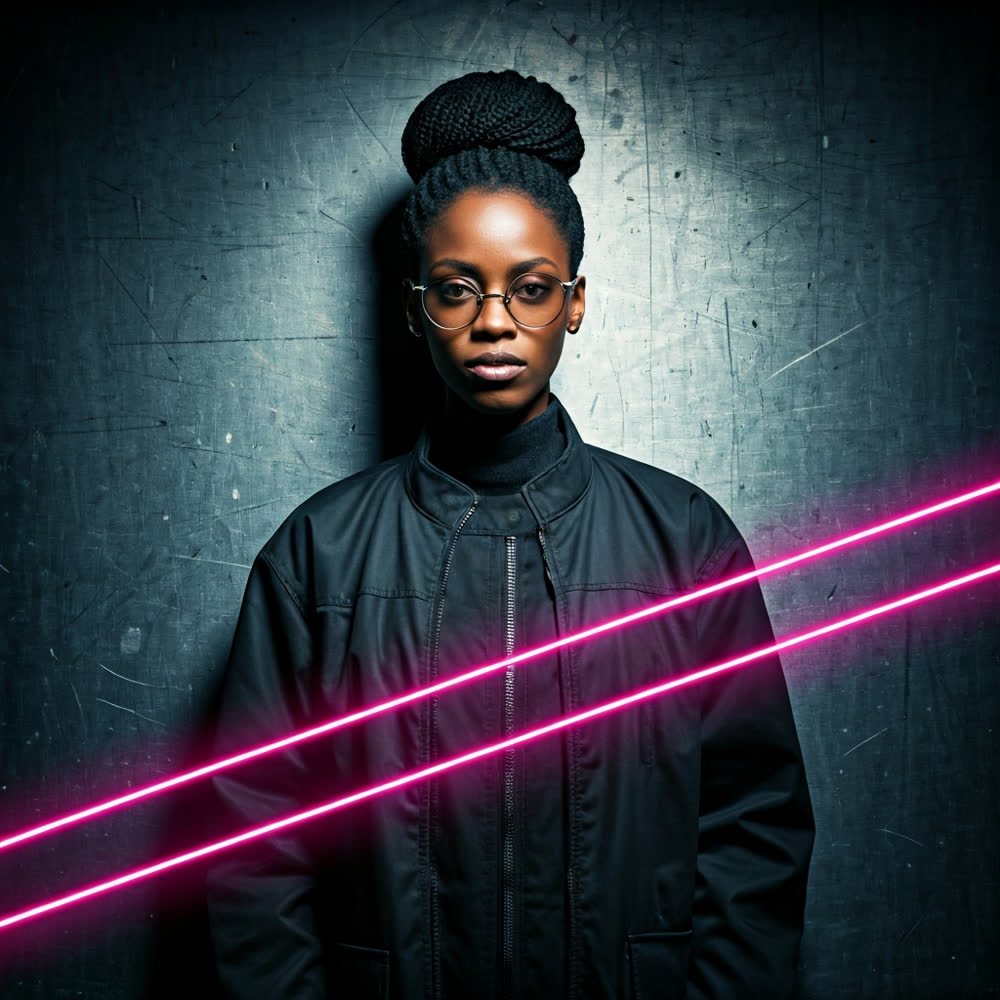 Editorial fashion portrait with magenta light beams